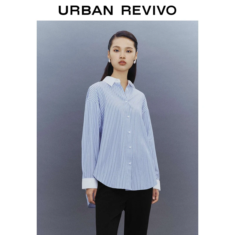 【UR魅力】UR蓝色时尚通勤翻领衬衫女装长袖休闲百搭衬衣UWG240049