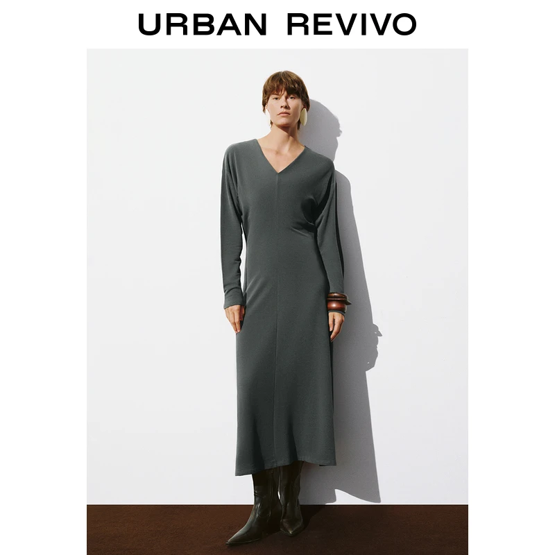 UR女装摩登气质长款褶皱收腰V领连衣裙UWH740128