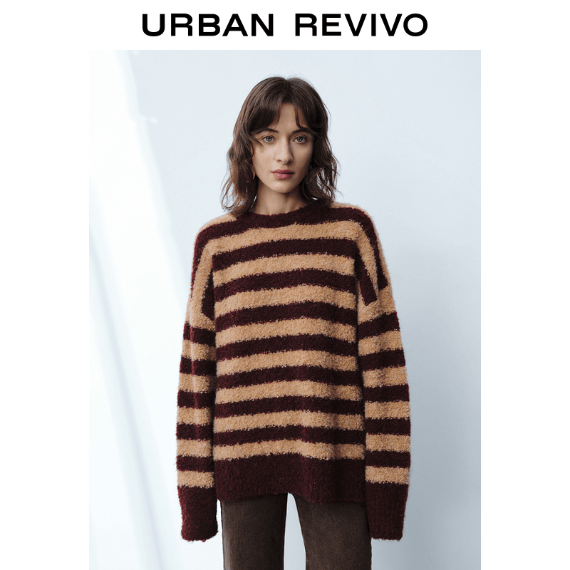 UR秋冬美式长袖针织衫女撞色条纹毛衫复古上衣圣诞穿搭UWH930023
