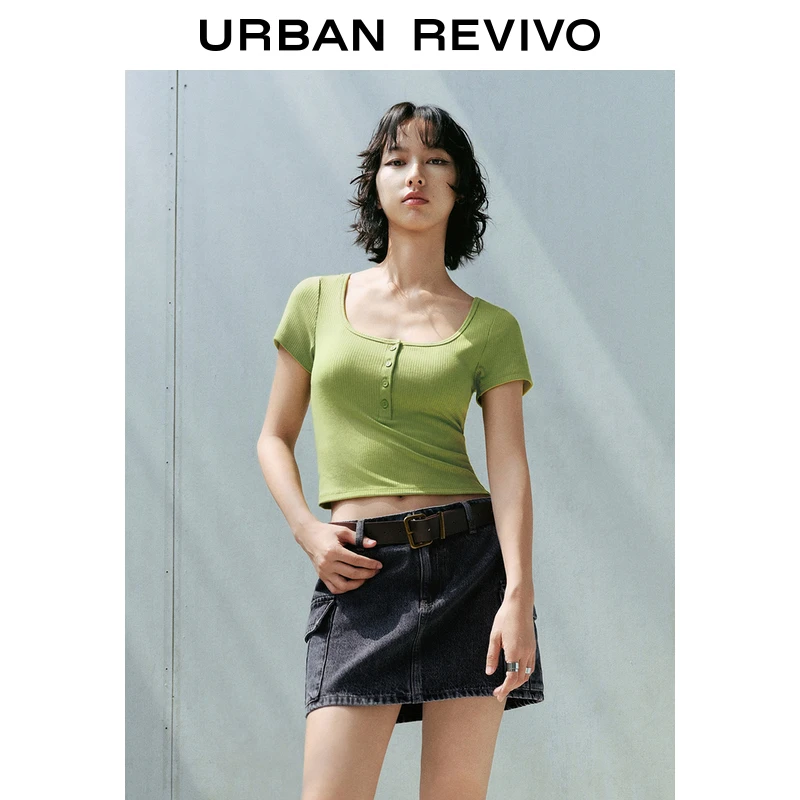 UR2024夏季休闲罗纹纽扣T恤女装简约百搭显瘦衫纯色上衣UWL440110