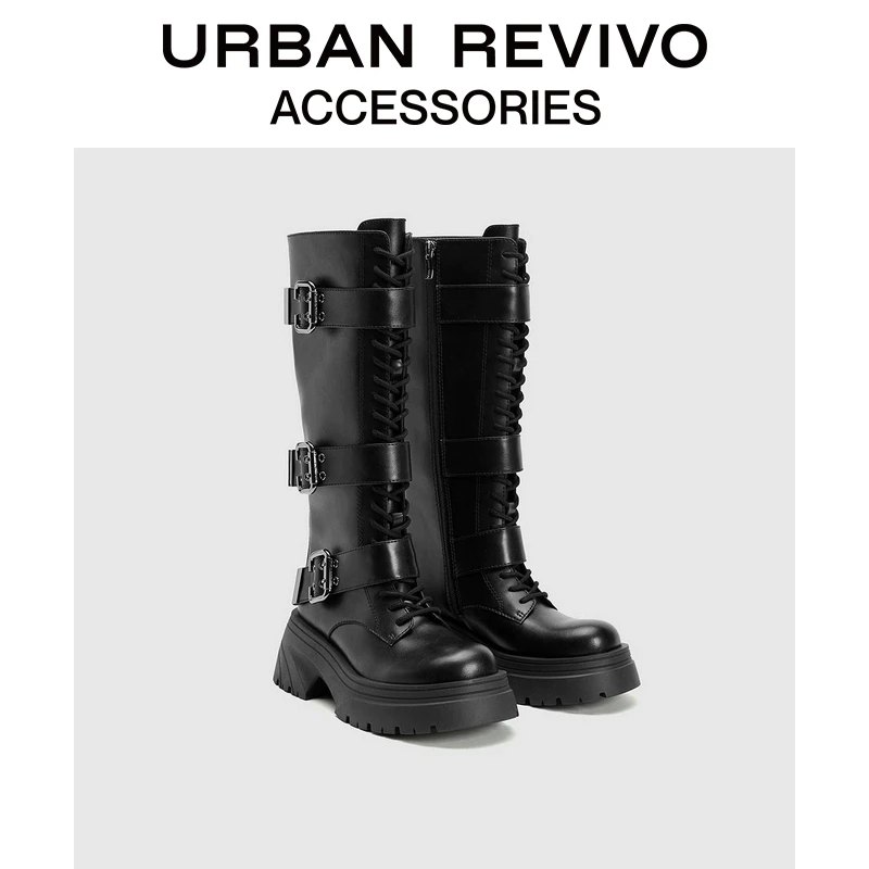 URBAN REVIVO2024秋冬新款女士潮酷皮带扣装饰长靴UAYS40009