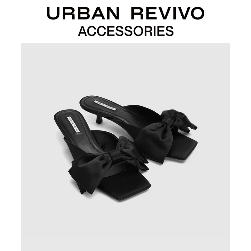 URBAN REVIVO2024夏季新款女士蝴蝶结小猫跟拖鞋UAWS40101