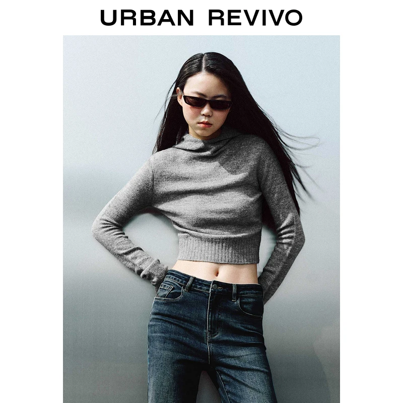 UR2024春季新款女休闲简约百搭正肩袖连帽修身针织衫UWV940001