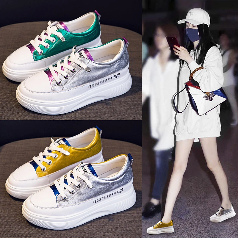真皮小白鞋2023春秋季新款厚底松糕女鞋内增高拼色透气5.5cm单鞋