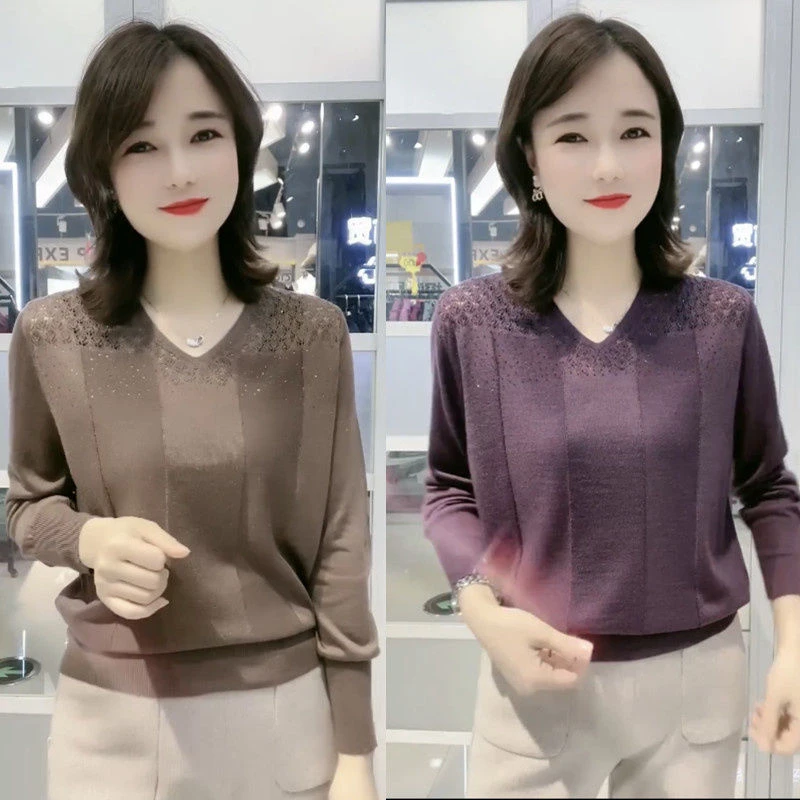 中年妈妈毛衣冬季洋气2024新款V领气质大码女士高档长袖打底上衣