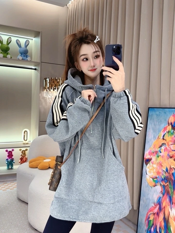 轻奢时尚冬季保暖休闲时尚百搭柔软银狐绒中长款卫衣