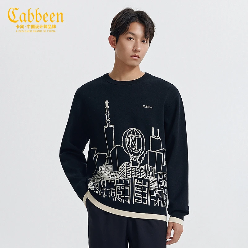 卡宾男装城市建筑提花针织衫2024秋新款H时尚休闲毛衣3244107014