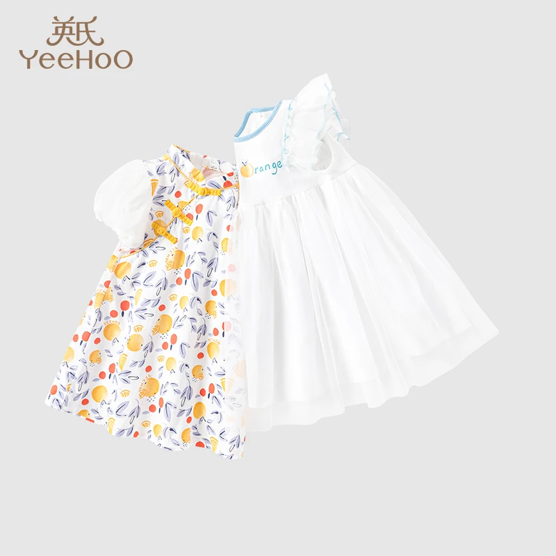 英氏儿童连衣裙夏季新款女童短袖公主裙宝宝夏装裙子印花甜美