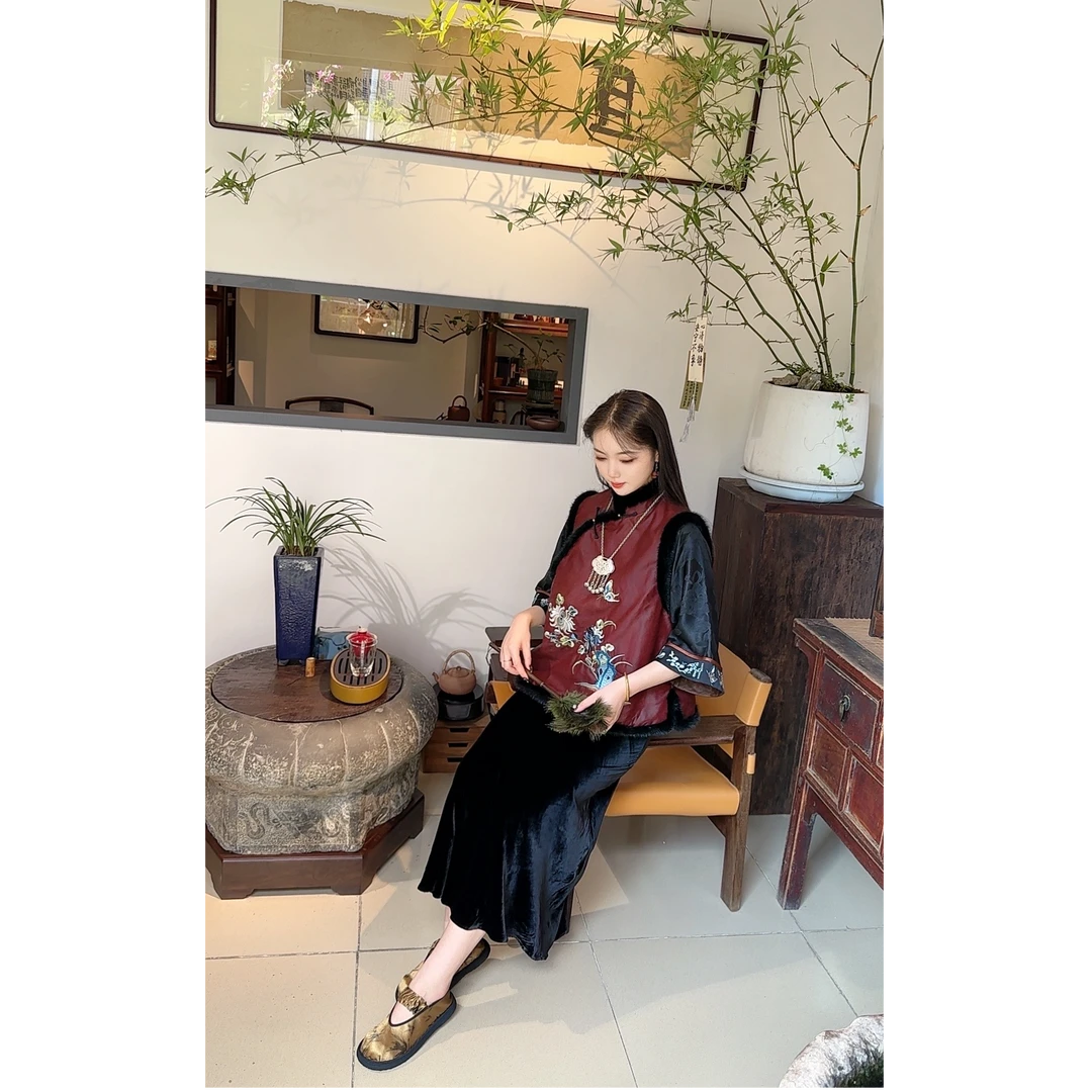 钟小念【丝瑾】桑蚕丝丝绒群百搭复古时尚中式半裙中国风秋冬显瘦