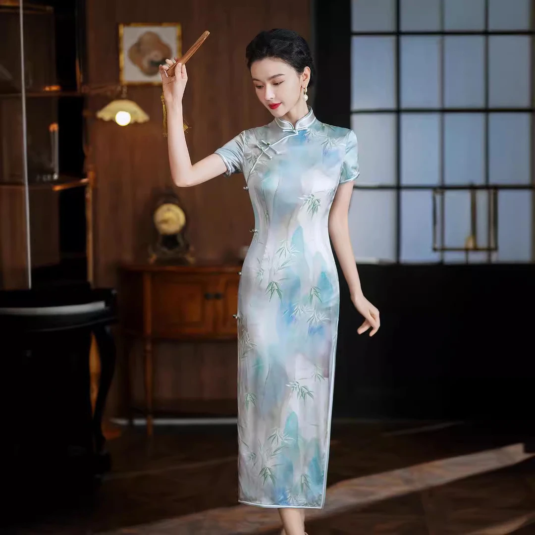 诺衣【郁金竹】桑蚕丝长款旗袍