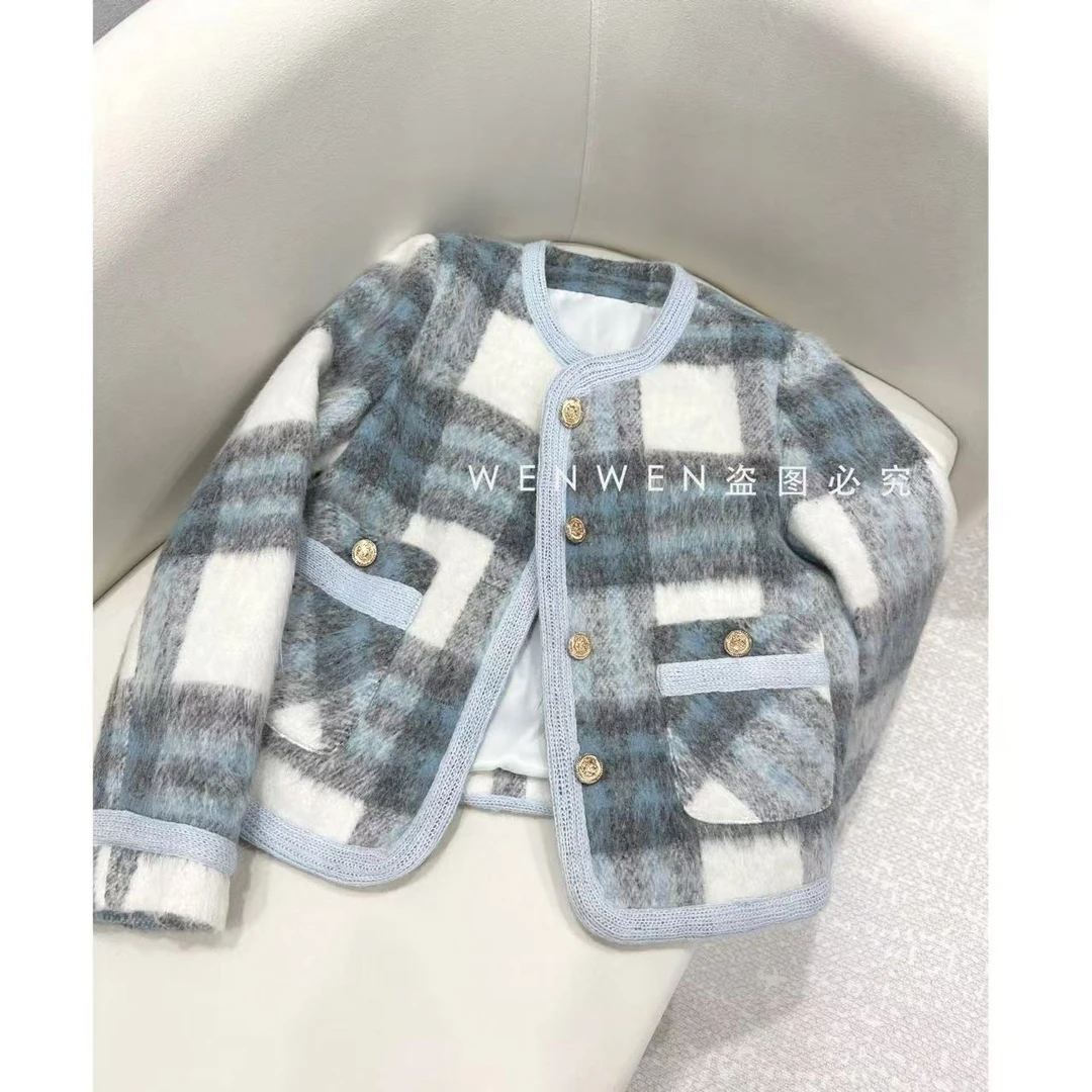 韩版洋气蓝色格子小香风女2024年冬季气质奶油风高级感保暖外套