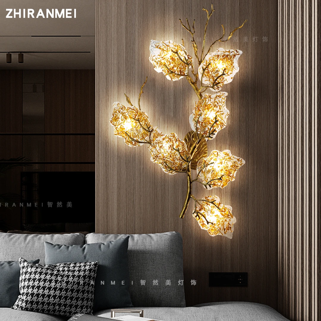 轻奢全铜壁灯高档大气客厅背景墙灯美式卧室床头灯树枝玻璃吸顶灯