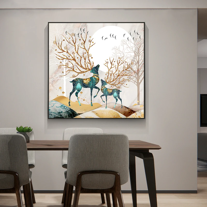 轻奢客厅装饰画单幅现代简约餐厅挂画方的进门玄关墙面壁画招财鹿