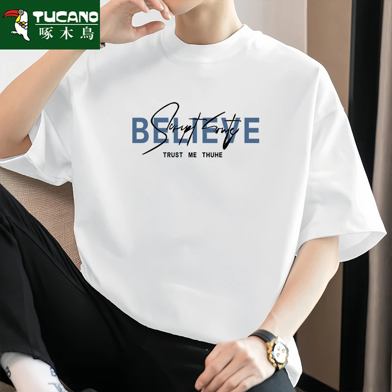 啄木鸟2025年夏季重磅纯棉短袖t恤男潮流休闲百搭圆领印花男半袖t