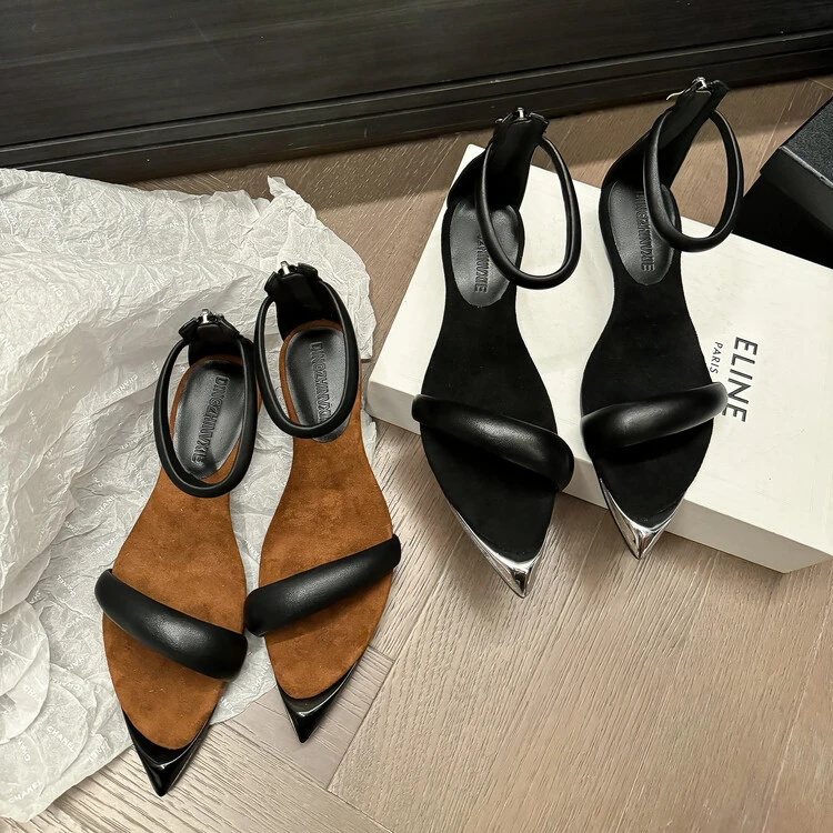 【雨嘉】4CM欧美极简小众尖头气质凉鞋夏季轻奢真皮拼色时装凉鞋