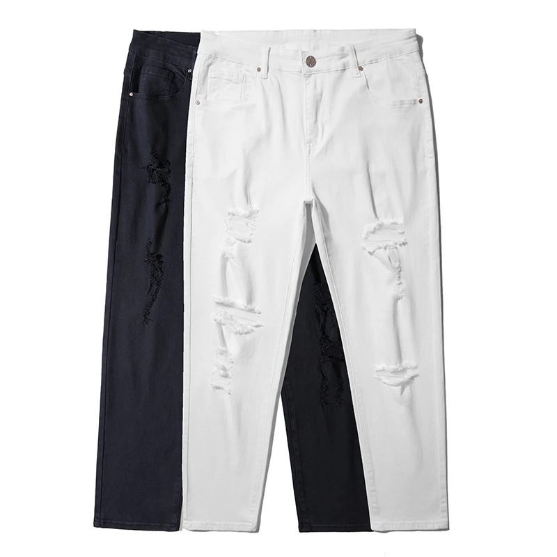 天花板级别的破洞牛仔裤！显瘦百搭高腰有弹力！高街潮流大码小脚裤