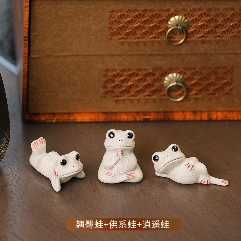 网红创意小青蛙茶桌茶宠装饰小摆件陶瓷摆件茶室精品禅意逍遥蛙