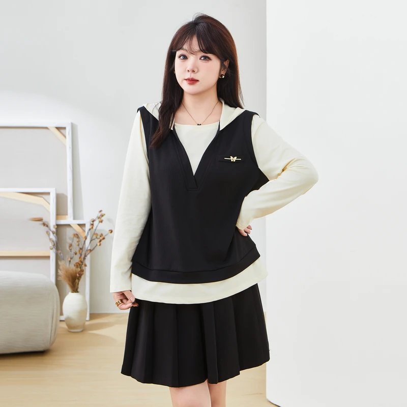 采多宝大码女装假两件拼接连帽显瘦上衣DDZ1913