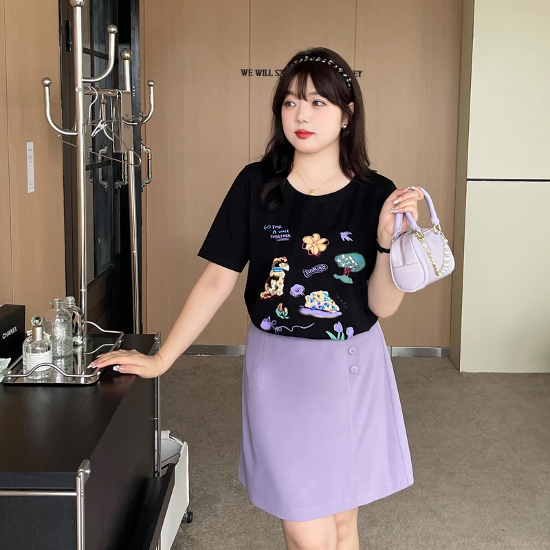 采多宝夏季清凉大码女装设计感重工宽松印花黑色T恤上衣女CXZ1021