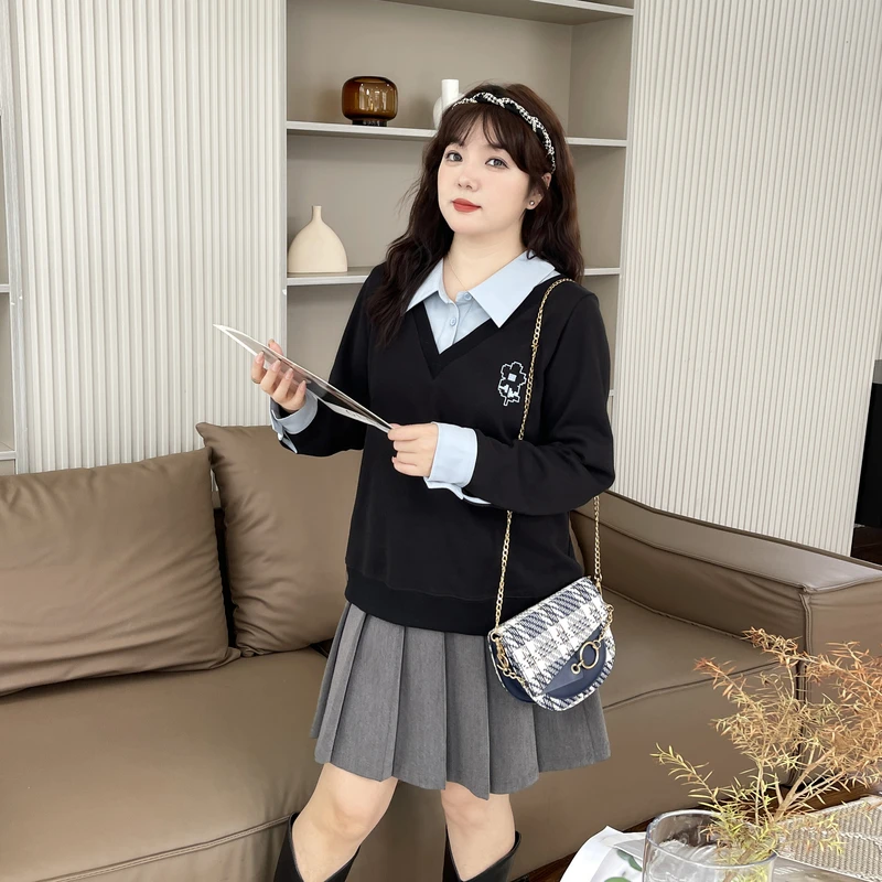 采多宝大码女装POLO领假两件显瘦绣花卫衣CDZ1177