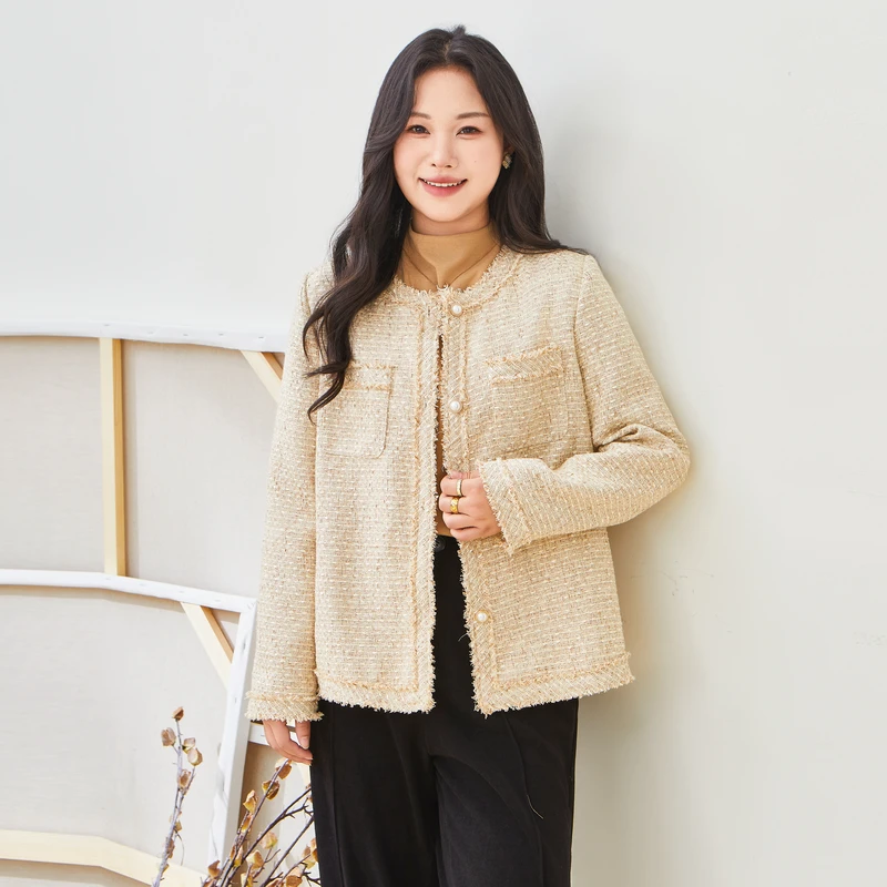 采多宝大码女装圆领须边小香风外套DDW2066