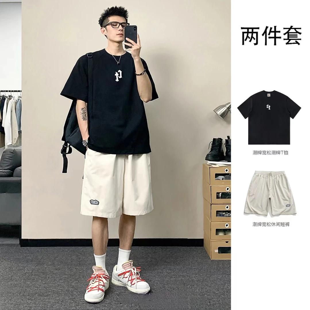 夏季男装一整套ins新款纯棉短袖t恤男宽松五分袖日系潮牌短裤套装