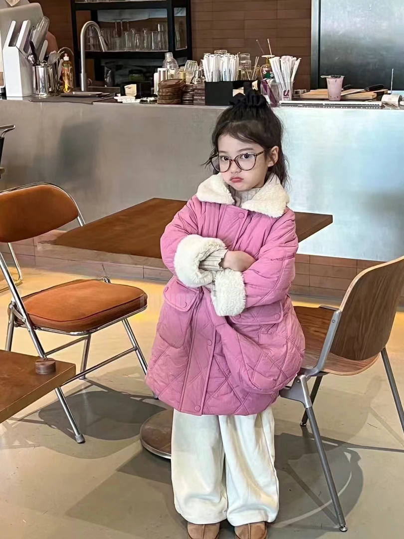 女童加厚外套秋冬新款儿童洋气冬季棉服女孩夹棉上衣中长款