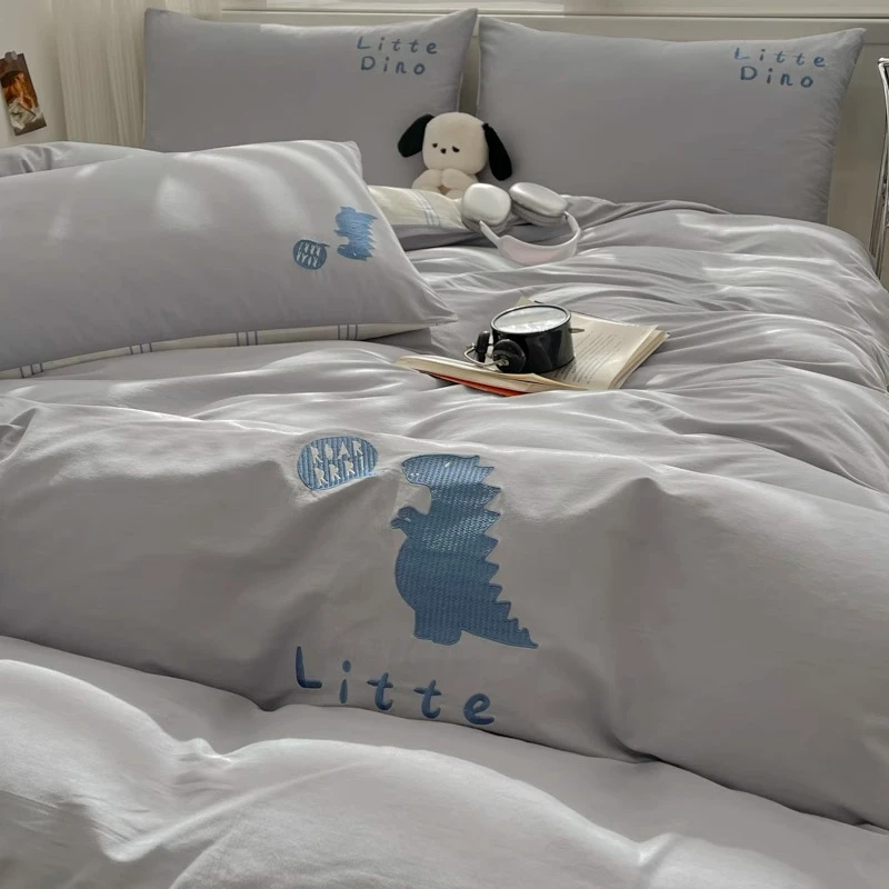 简约小清新全棉纯色床上四件套纯棉刺绣被罩宿舍床单床笠三件套