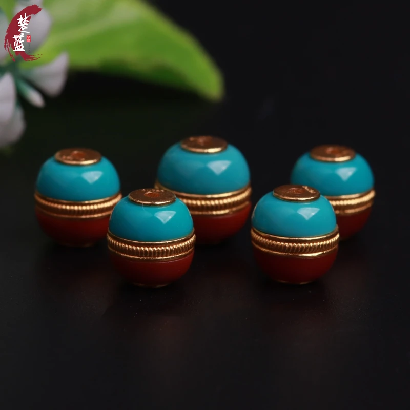 楚蓝绿松石汉堡珠天然原矿南红拼接18k黄金镶嵌单圈配珠顶珠配饰