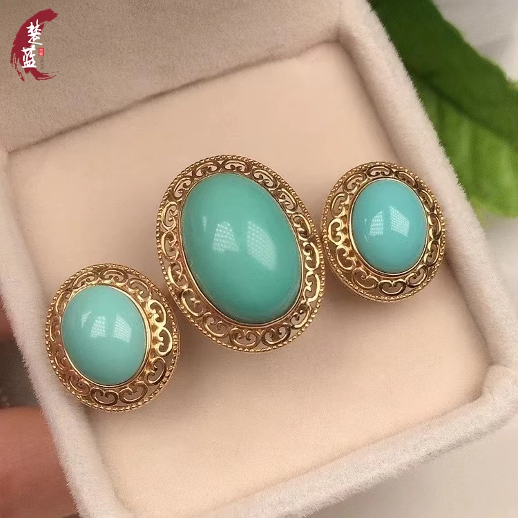 楚蓝绿松石戒指耳钉套装18k黄金镶嵌镂空简约轻奢气质女款绿色