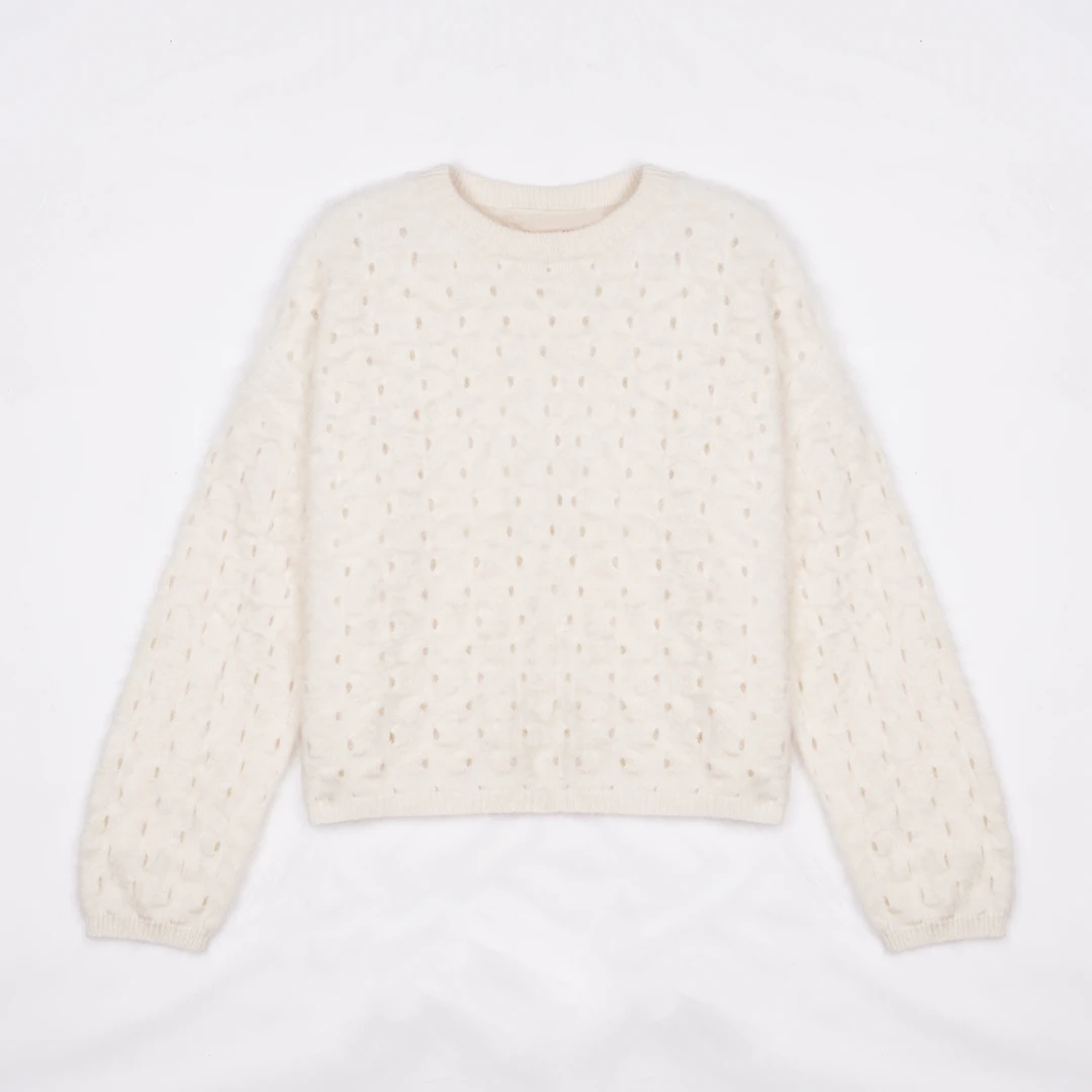 秀特【拉毛绒】100分原色系白绒  时尚镂空针织衫23021