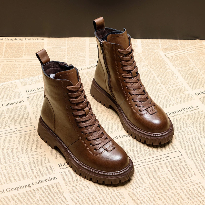 短款复古棕马丁靴女2023年秋冬季新款英伦风单靴棕色时尚厚底短靴