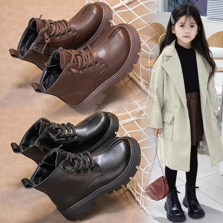 马丁靴女童加绒加厚童鞋2025女大童靴子男童秋冬季儿童皮靴英伦风