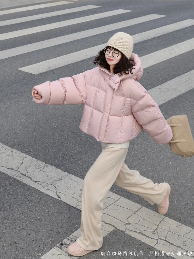 泡芙短款棉服女2023冬新款美式肯豆面包粉色连帽外套裤子