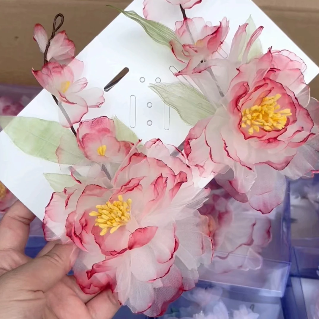 新款古风发饰手工粉色烫花蓝色蝴蝶发夹古装仙气发型配饰汉服头饰