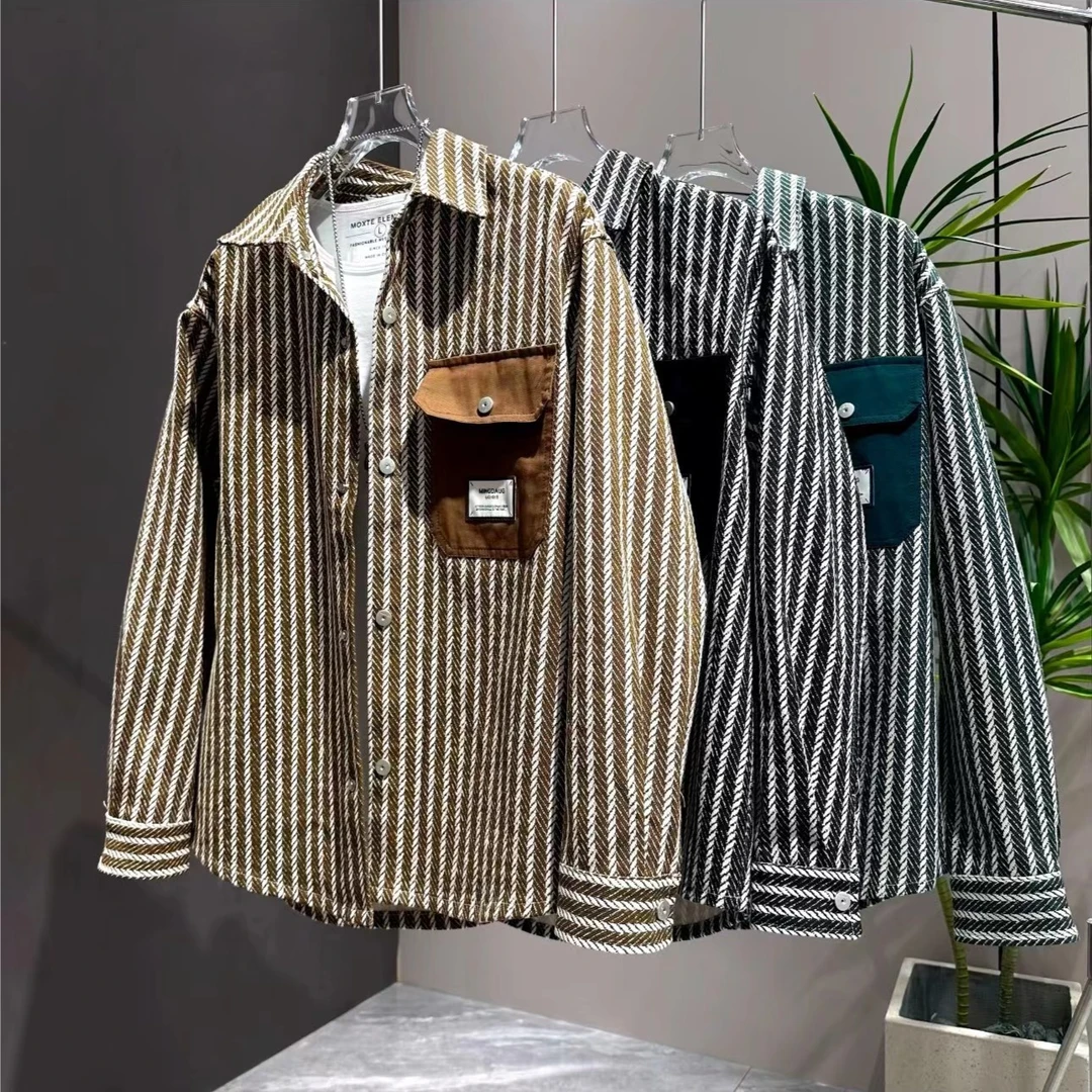 秋冬男士经典百搭冬季条纹衬衫潮流翻领韩版设计师款男款外套上衣