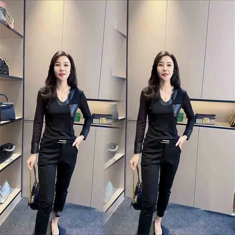 新款V领拼皮边加绒高级感时尚T恤衫秋冬季2024年修身弹力打底衫