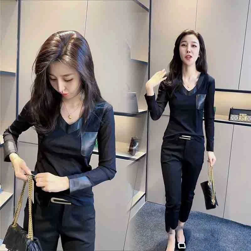 加绒高级感时尚T恤秋冬季2024年新款衫V领拼皮边修身弹力打底衫