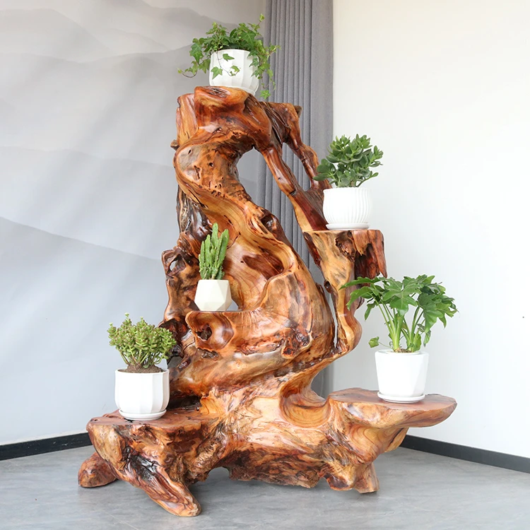 天然根雕花架木根底座客厅摆件随形树根盆景架阳台根艺原木标本架