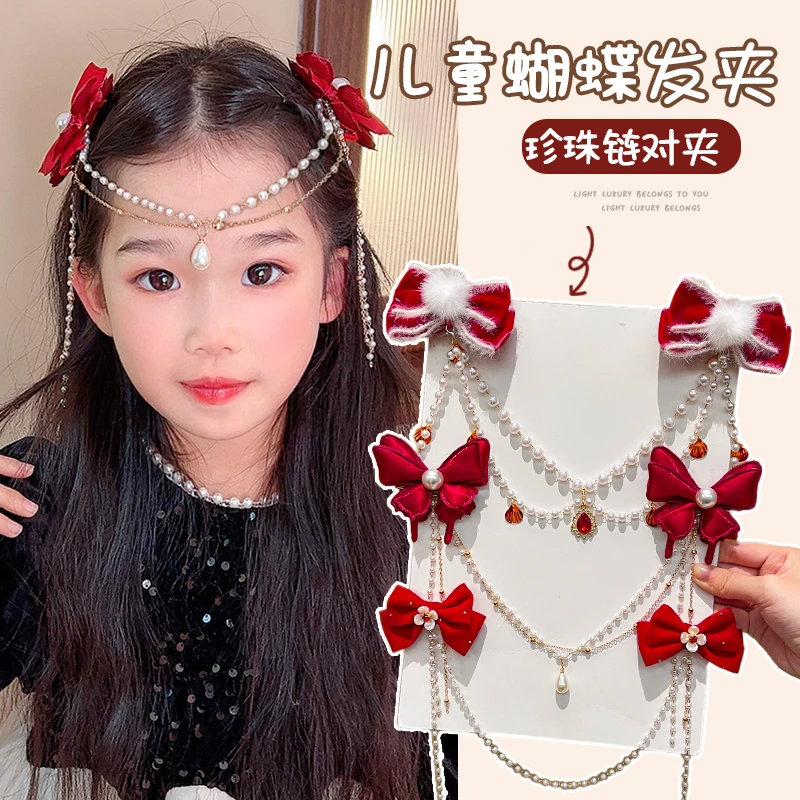 蝴蝶结发夹女童额头链新年头饰红色毛绒对夹儿童过年发饰盘发头顶