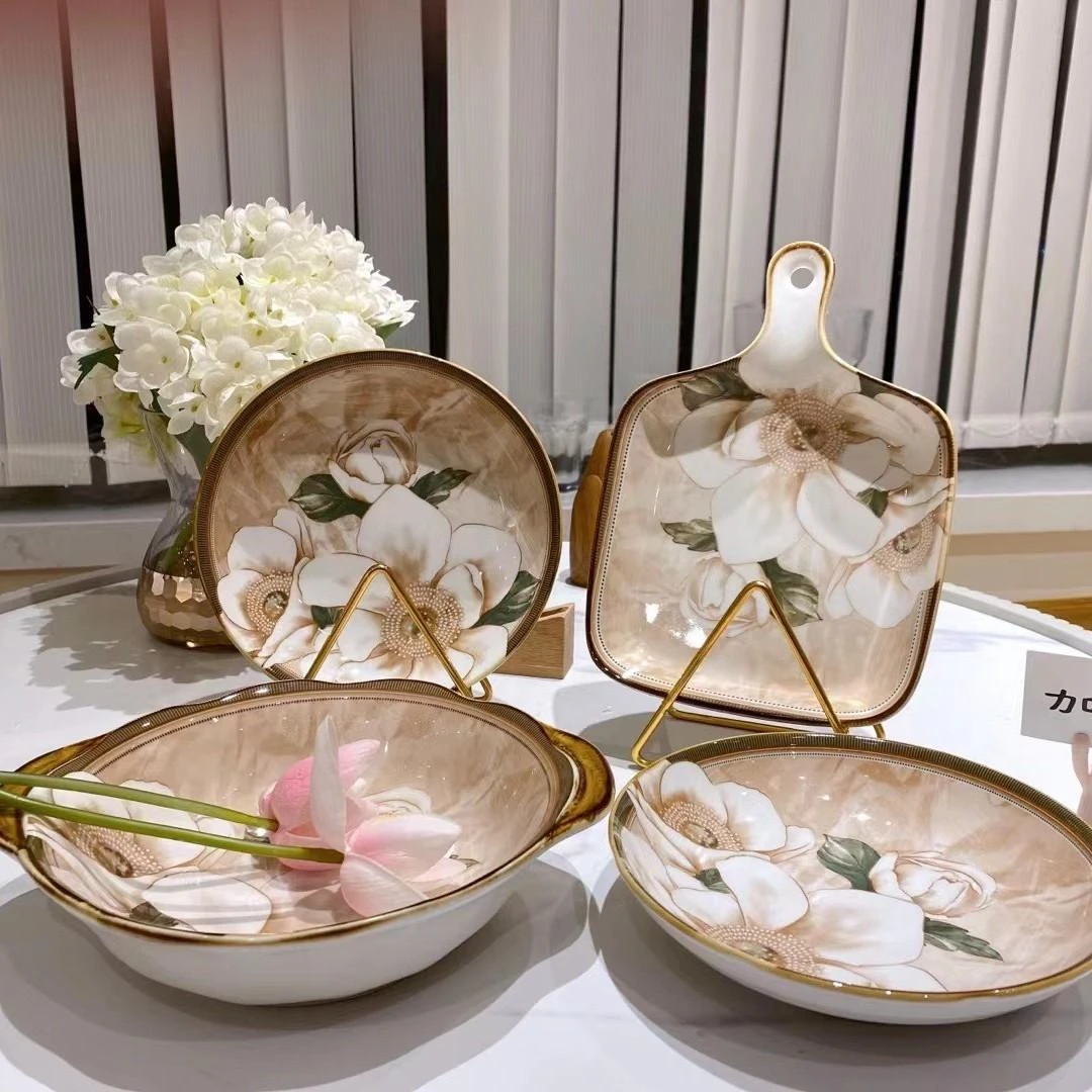 山茶花四件套陶瓷餐具套装家用7英寸盘双耳烤碗单柄烤盘组合高温