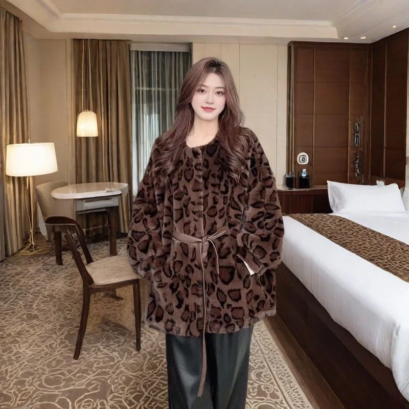 2024新款豹纹中古加厚宽松休闲系带百搭显瘦秋冬时尚设计女款外套