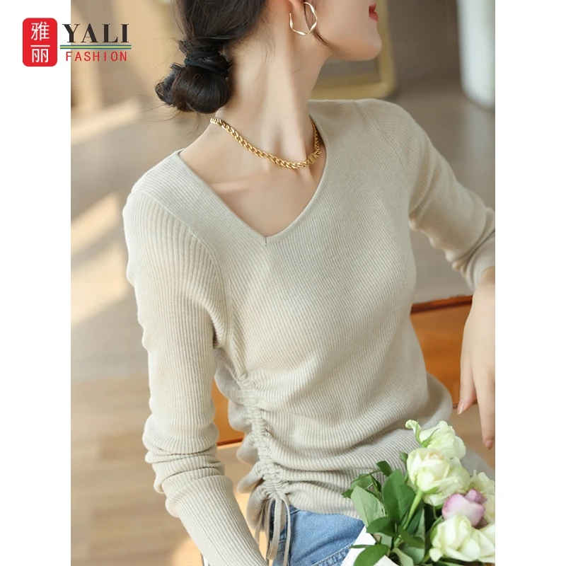 针织打底衫套头毛衣2023秋冬新款设计感小众不规则抽褶洋气上衣