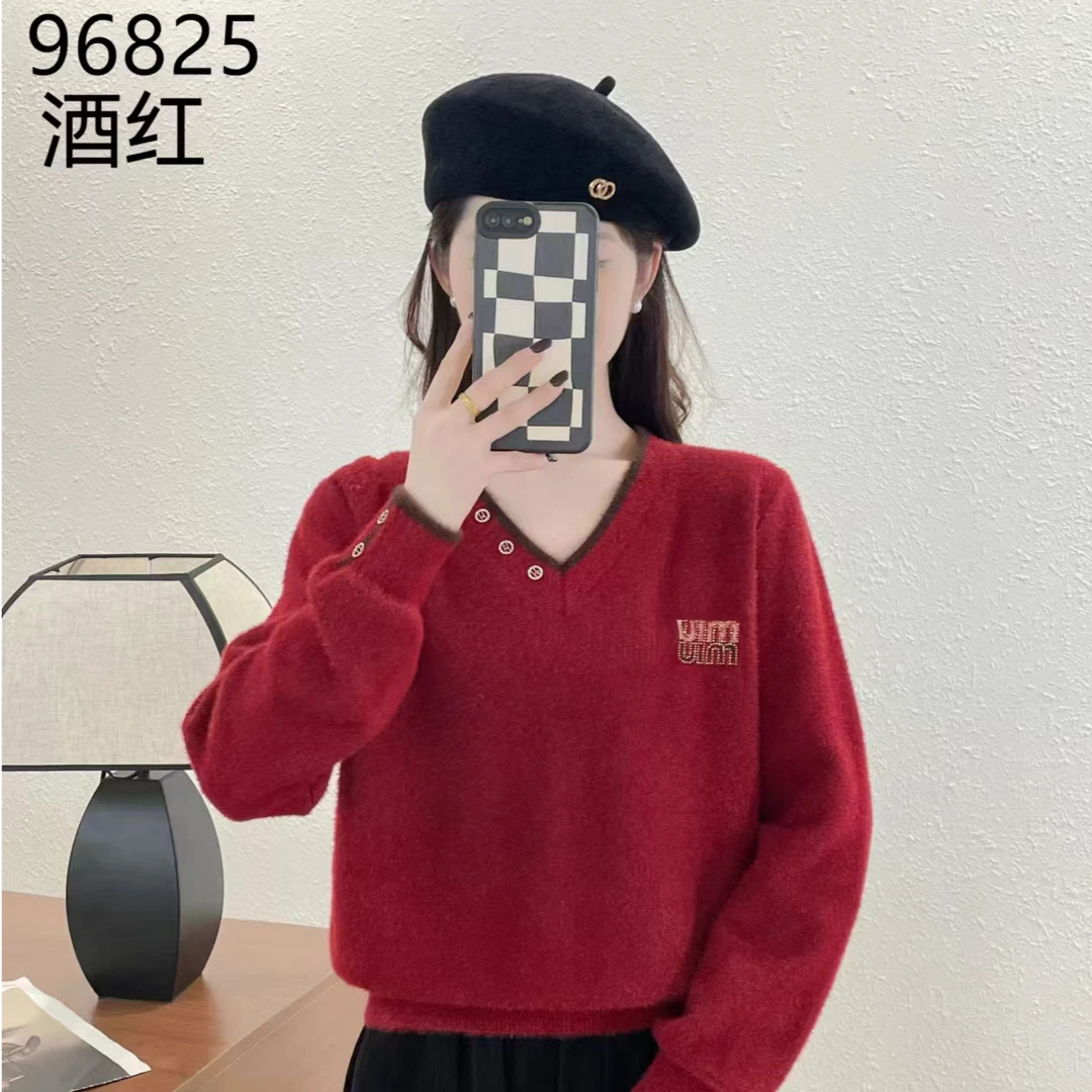 V领水貂绒毛衣女士短款冬季2024新款加厚内搭不起球上衣针织96825