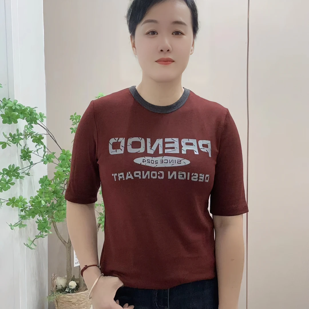 2024早秋季女装撞色圆领大方休闲上衣五分袖9825