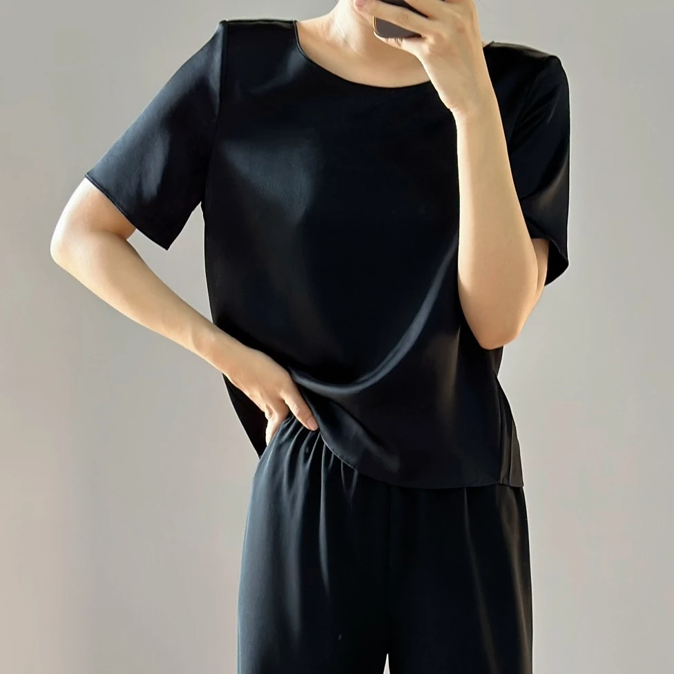 Bianca Bruni日本进口醋酸面料重磅绸缎面短袖夏季简约高级感