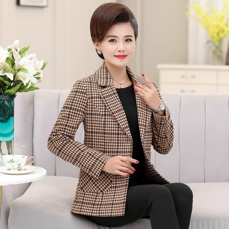 妈妈春秋外套格子小西装短款洋气时尚新款中老年女装修身显瘦上衣