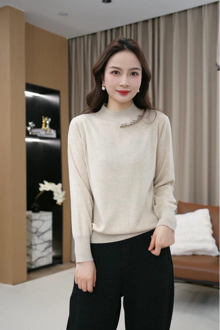 【烫钻木耳边】半高领柔软亲肤针织毛衣
