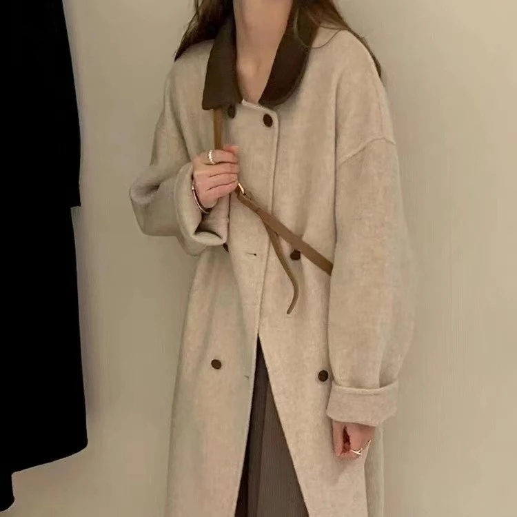 韩国东大门双排扣双面呢羊毛大衣女长款8030