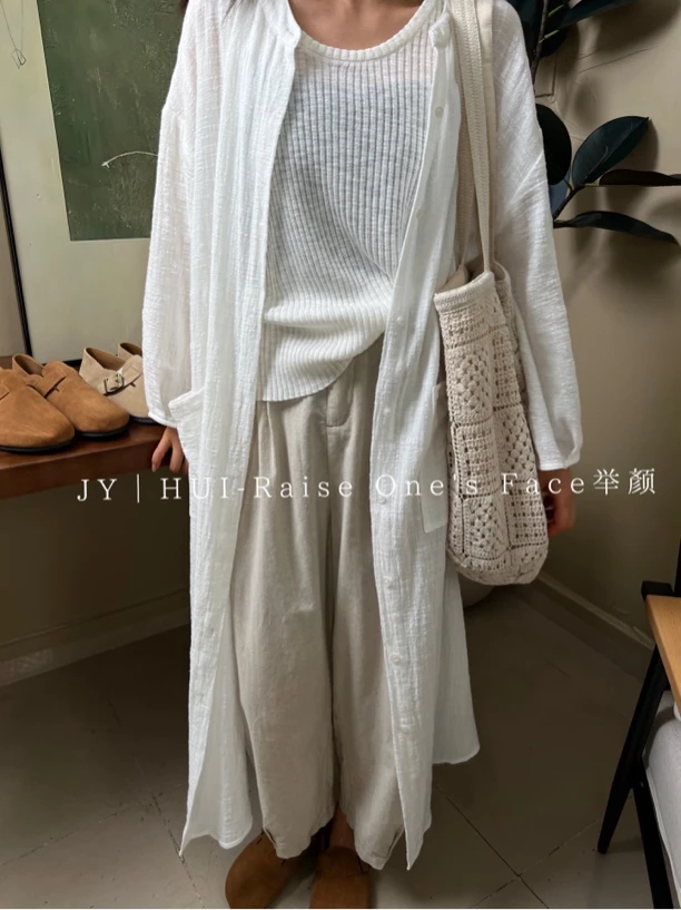 JU YAN【听风】6105 简约百搭小众设计慵懒风长款净版长袖棉麻开衫